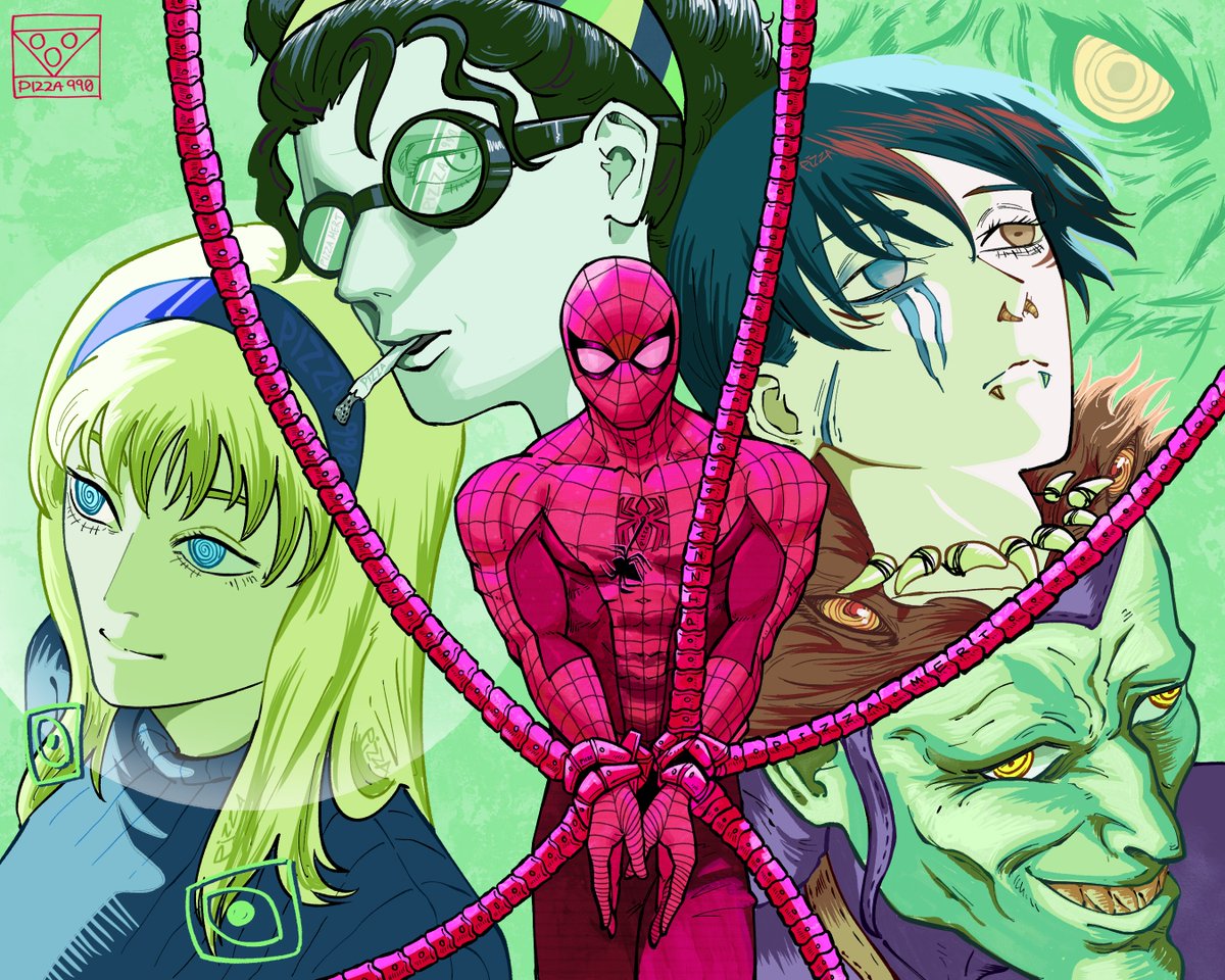 pizza990's tweet image. Spider-Man x Chainsaw Man, Sinister Devils; Mysterio, Otto, Kraven and Goblin