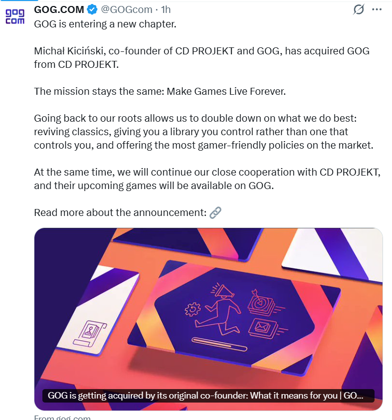 GOG is getting bought out.

By an original founder.
