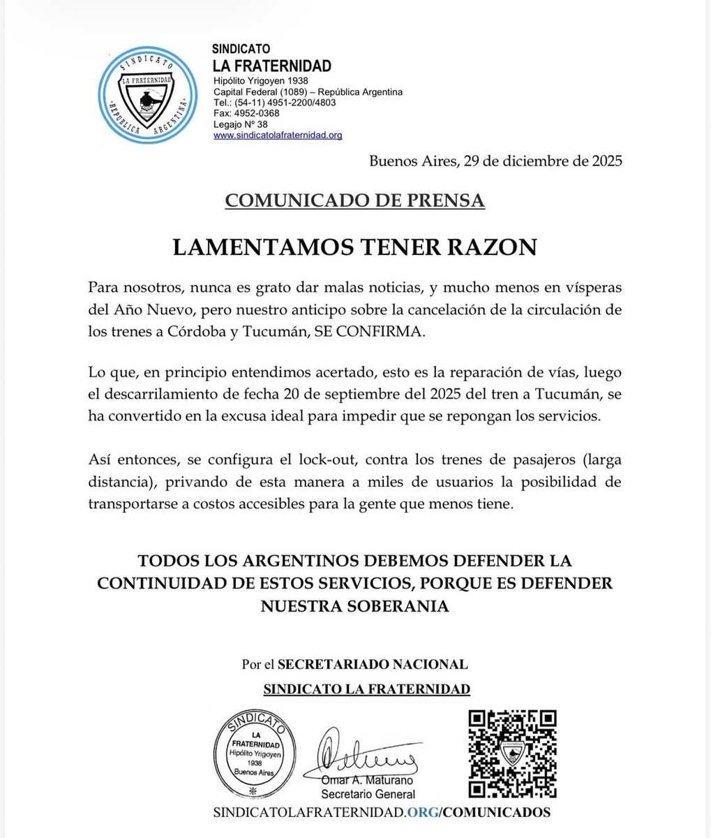 COMUNICADO DE PRENSA 🚆
Cancelacion de los servicios Buenos Aires- Cordoba y Buenos Aires- Tucuman🔴