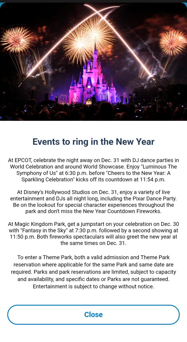Notice in My Dis ey Experience about New Year's Eve events