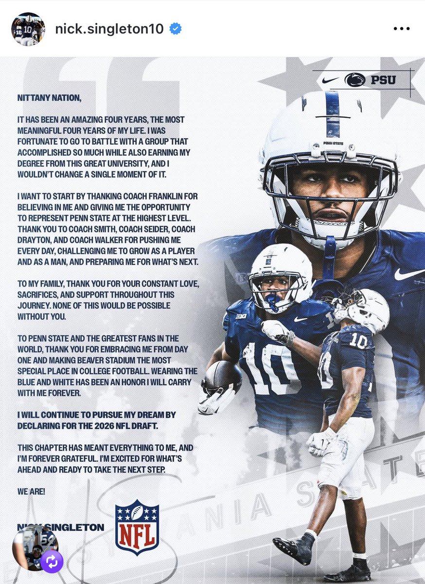lexielinderman's tweet image. Nick Singleton has officially declared for the NFL draft. Singleton finishes his Penn State career as the program leader in career touchdowns, all-purpose yards and rushing touchdowns.