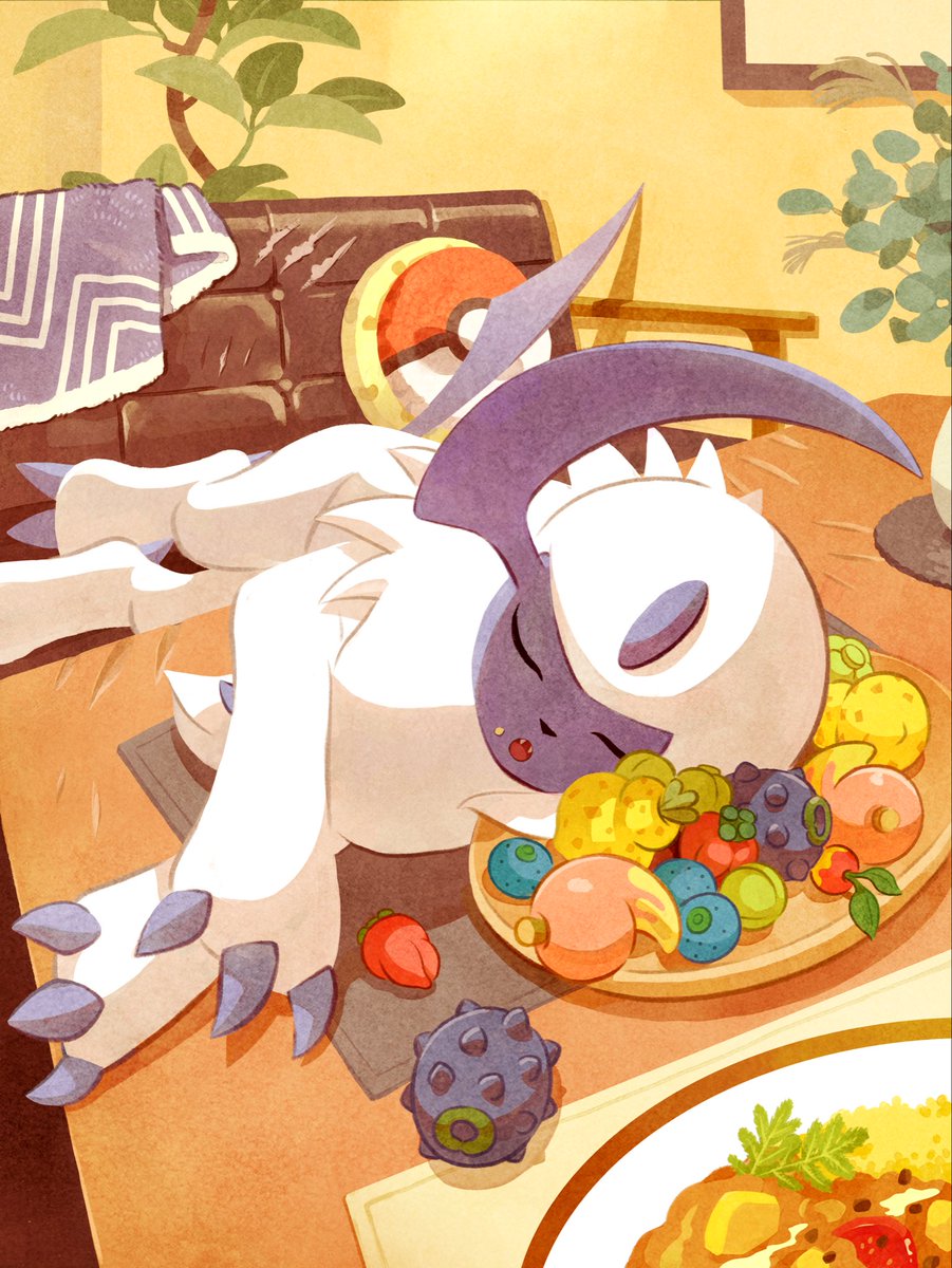 HiddenPowerPod's tweet image. New official Pokemon sleep art features absol who fell asleep on its food.