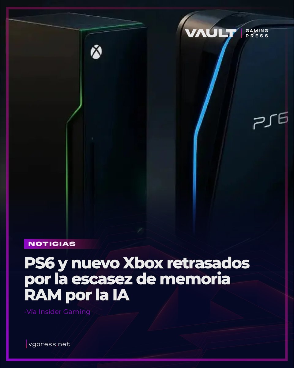vaultgamingp's tweet photo. 💥 Crisis RAM por IA frena PS6 y nuevo Xbox
📈 Precios +300-500% en meses
🕐 Lanzamientos 2027-28 en duda
💰 PS5/Xbox suben 10-15% en 2026
🧠 AI data centers se comen todo el stock
🏭 Micron abandona mercado gamer
☁️ ¿Cloud gaming salva la industria?

¡Next-gen será lujo! 👉 Detalles justo abajo.

#PS6 #PlayStation #Xbox  #RAMCrisis