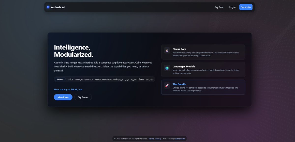 autherix's tweet image. Intelligence, Modularized. 🧠✨

Autherix is more than a chatbot—it’s a complete cognitive ecosystem.

🔮 Nexus Core: Reasoning &amp;amp; long-term memory. 🌍 Languages Module: Immersive voice coaching. 

Calm clarity. Bold direction.
🔗 autherix.ai

#Autherix #AI #TechLaunch