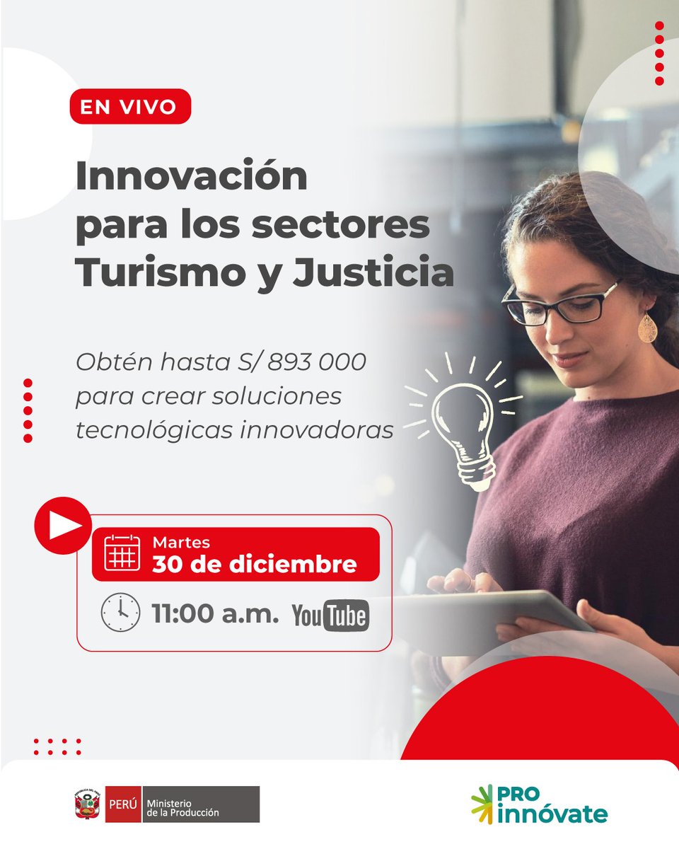 ¿Tienes una solución tecnológica con impacto?
💡 Obtén hasta S/ 893 000 para desarrollar proyectos innovadores dirigidos a los sectores Turismo y Justicia
Te esperamos el martes 30 (11 am) aquí: youtube.com/@ProInnovate
#ProInnóvate #Innovación #Tecnología #Turismo #Justicia
