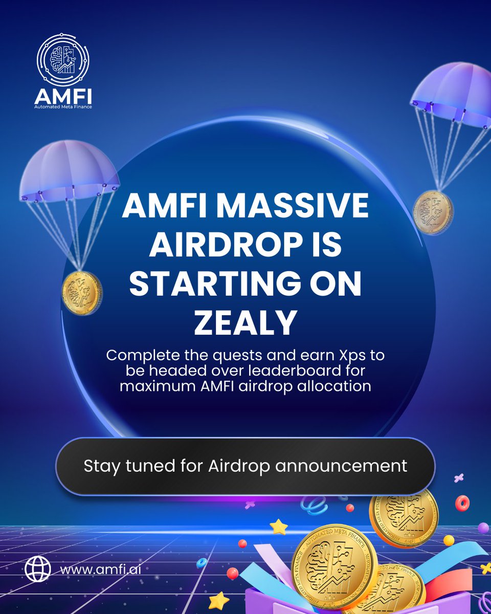 The AMFI Massive Airdrop is now live on Zealy 🚀

Complete simple quests, earn XP, climb the leaderboard &amp; unlock bigger AMFI rewards.

Get involved early, support the ecosystem &amp; get rewarded for your activity.

#AMFI #Airdrop #Zealy #CryptoRewards #Web3 #DeFiCommunity