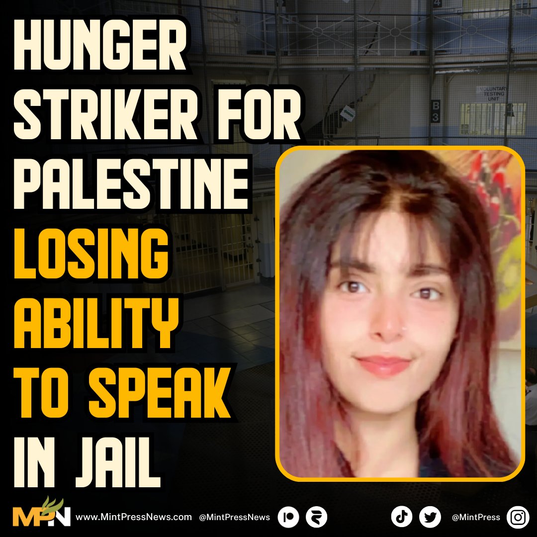 MintPressNews's tweet image. Heba Muraisi, one of several pro-Palestine activists on a prolonged hunger strike in UK prisons, is reported to be losing her ability to speak.

Muraisi has stated she is losing the ability to "form sentences" and is struggling to maintain basic conversation.

On her 56th day of…