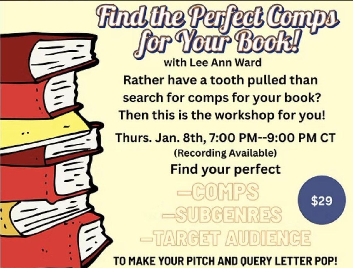 LeeAnnWard1115's tweet photo. Do you struggle with finding the perfect comp titles for your book? Most writers do. Well, not anymore! Let Lee Ann show you how it’s done!
#writingawayrefuge #writingcommunity #writer #AmWriting #amquerying #writerslife #ampitching
https://t.co/WbES1aqA78 https://t.co/IZPlAiAoBC