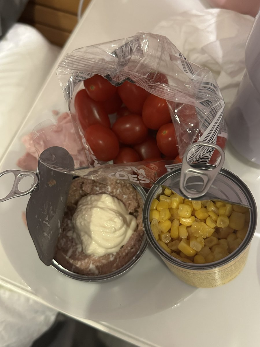 5tr4wb3rr135's tweet photo. I welcome being humiliated over this. For every mealspo out there, I eat this nasty ass apocalypse safe food dinner: ham trimmings, sweetcorn, tuna with skinny mayo, and a whole bag of tomatoes. 339kcal.

No im not eating off a plate, i eat out of the can like a civilised demon. https://t.co/QIiOW23dRD