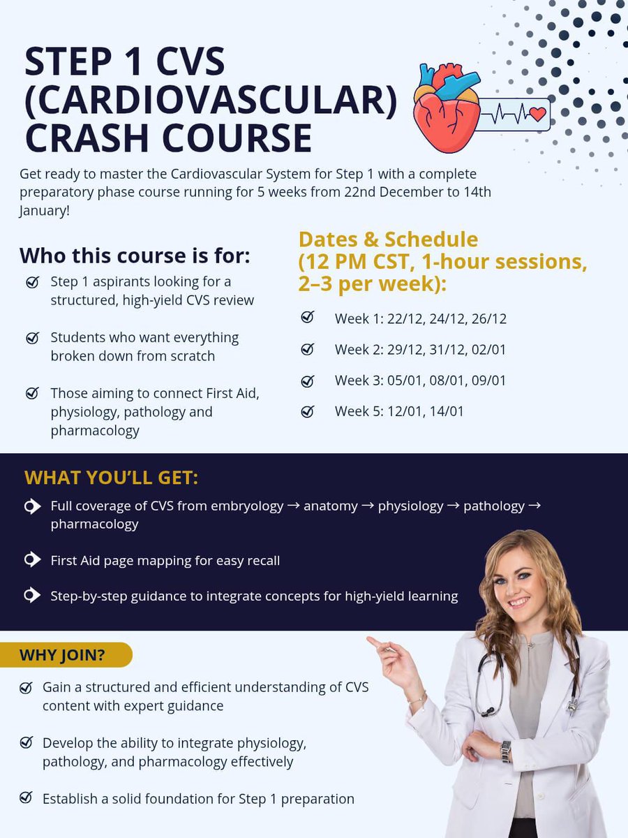 ❤️ STEP 1 CVS (Cardiovascular) Crash Course 

Master the Heart, Not Just Memorize It

Join Here:
teams.microsoft.com/l/meetup-join/…

Struggling to connect physiology, pathology, and pharmacology in CVS?
This 5-week high-yield Step 1 Cardiovascular Crash Course is designed to help you truly