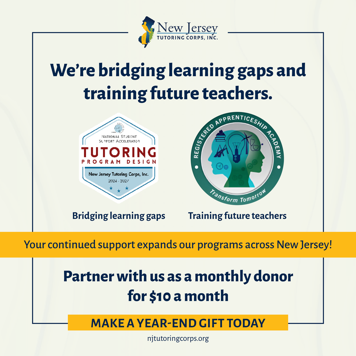 corps_nj's tweet image. Partner with us as a monthly donor for $10 a month!

Your investment will fund our tutoring program &amp;amp; tutor apprenticeship program!

Collectively, these programs bridge learning gaps in Math and English!

Partner with us: njtutoringcorps.org

#Donate #Tutoring #TeacherSupport