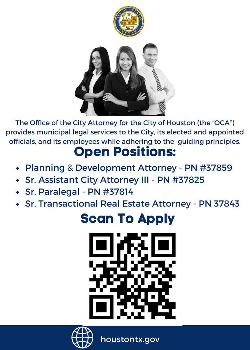 ⚖️ The City of Houston's Office of the City Attorney is hiring. Join a team of over 100 attorneys committed to “Service Through Law”  in one of the nation’s largest cities.

🔗 Apply here: ayrs.io/NVwb3f