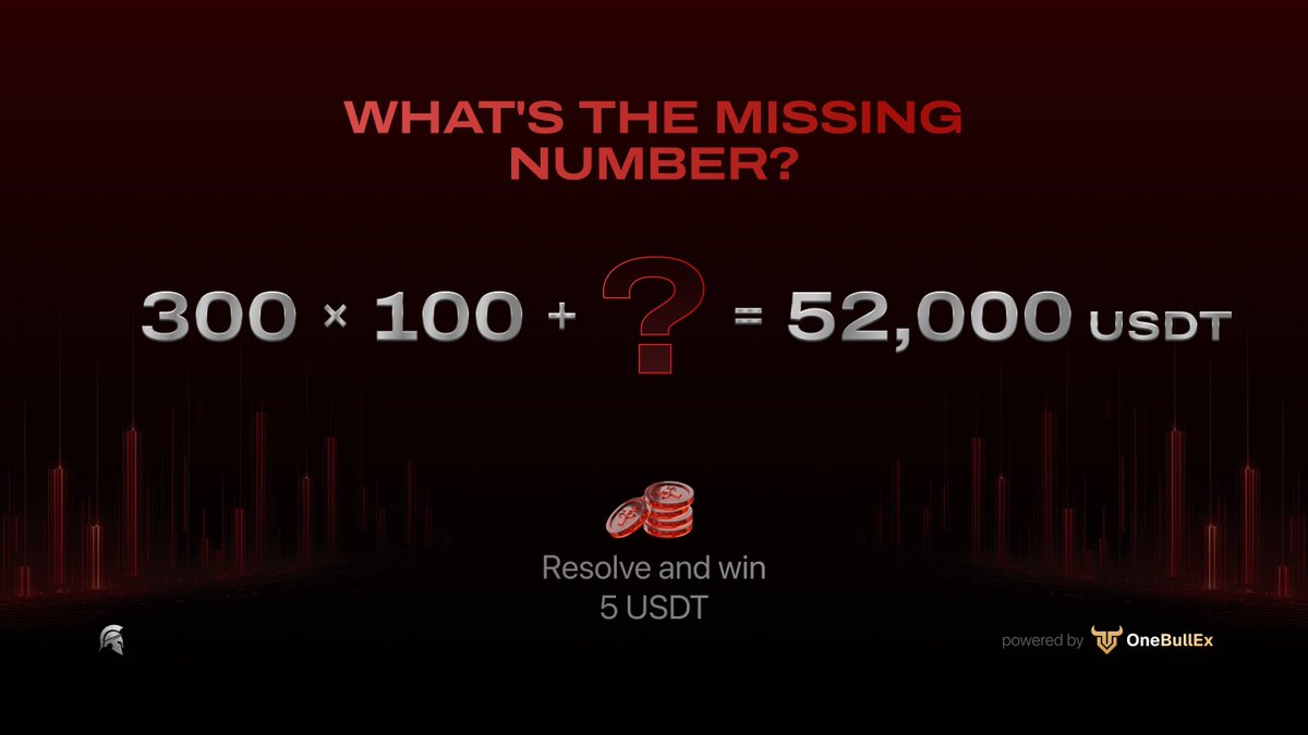 One_BullEx's tweet image. The SPARTAN Arena opens soon ⚔️

There is 52,000 USDT up for grabs.

Solve the equation below and:
• Reply with your answer
• Tag a friend
• Include your OneBullEx UID
• Follow @One_BullEx and @300_SPARTANS_

🎁 Correct entries have a chance to receive an early 5 USDT reward.…
