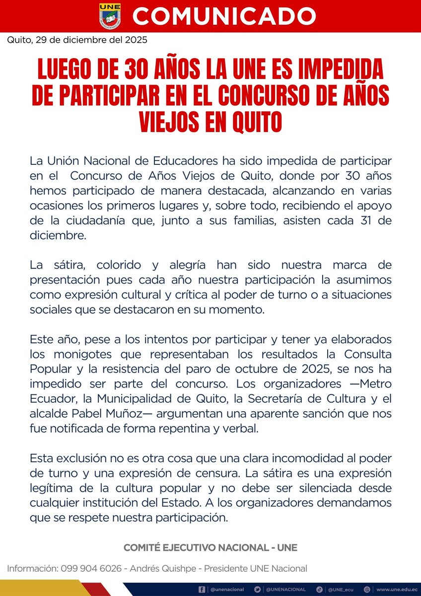 UNENACIONAL's tweet image. 🔴 #COMUNICADO | Luego de 30 años la UNE es impedida de participar en el Concurso de Años viejos en Quito

"Esta exclusión no es otra cosa que una clara incomodidad al poder de turno y una expresión de censura. La sátira es una expresión legítima de la cultura popular y no debe…