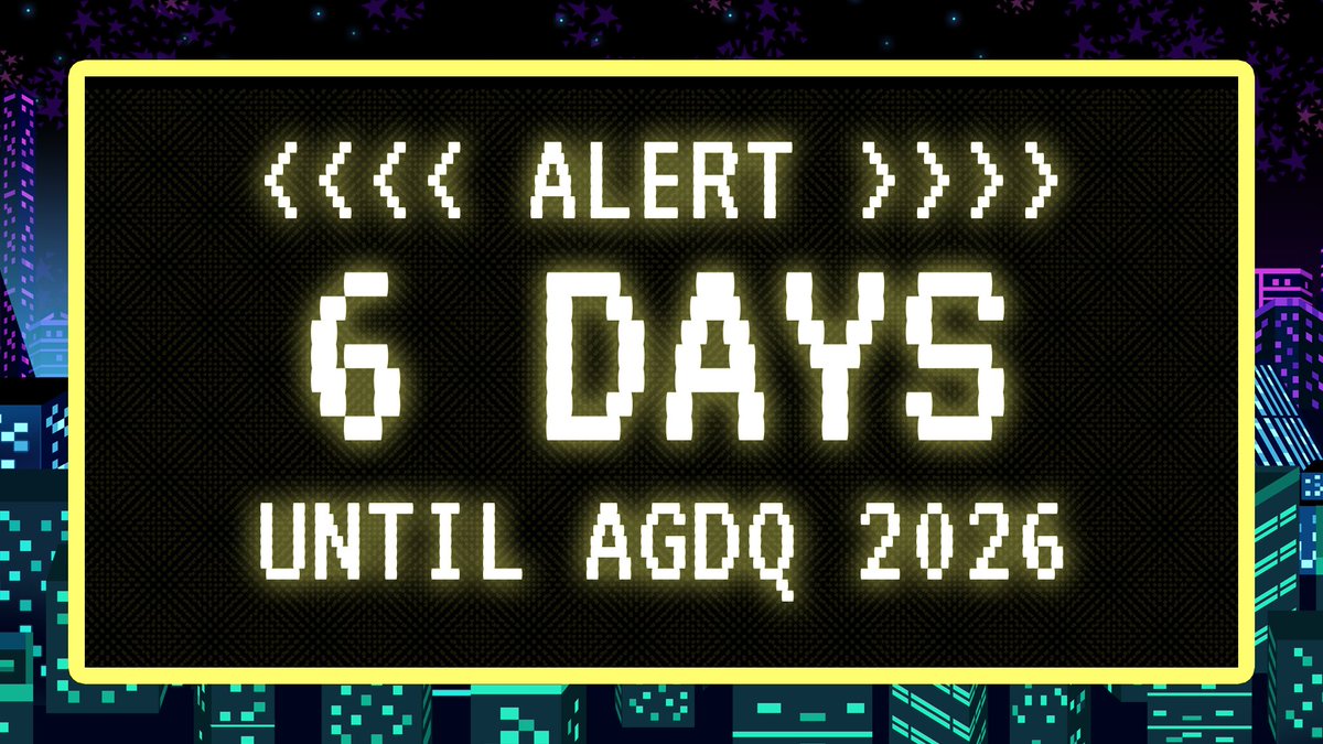 GamesDoneQuick's tweet image. 6 DAYS UNTIL AGDQ
I REPEAT, 6 DAYS UNTIL AGDQ

#AGDQ2026

(yes, you can still register gdq.gg/agdq-2026)