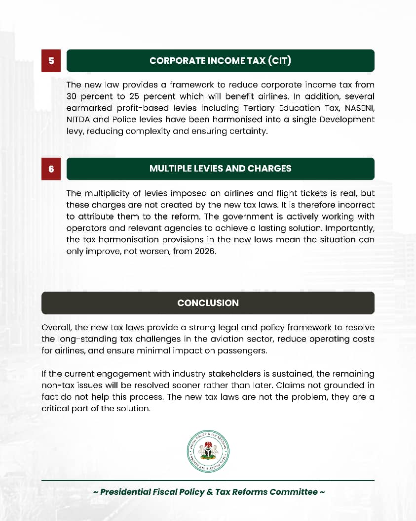 𝐓𝐇𝐄 𝐍𝐄𝐖 𝐓𝐀𝐗 𝐋𝐀𝐖𝐒 𝐖𝐈𝐋𝐋 𝐇𝐄𝐋𝐏, 𝐍𝐎𝐓 𝐇𝐔𝐑𝐓 𝐀𝐈𝐑𝐋𝐈𝐍𝐄𝐒

We recognise the genuine challenges facing Nigeria’s aviation industry, particularly the burden of multiple taxes, levies, and regulatory charges. The Presidential Fiscal Policy and Tax Reforms