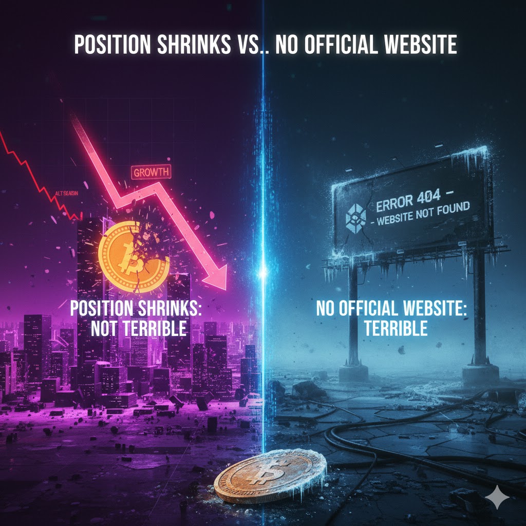 BeardStepop's tweet image. It's not terrible for your position to shrink; what's terrible is that the cryptocurrency you bought doesn't even have a proper official website anymore.