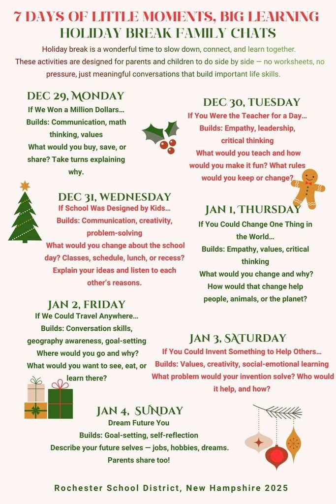 maplemagnet's tweet image. Holiday break = time to connect 💬❤️
Check out “7 Days of Little Moments, Big Learning” — simple family chats that build communication, empathy &amp;amp; creativity with no worksheets required.
📄 View the resource: at rochesterschools.com under live feed
