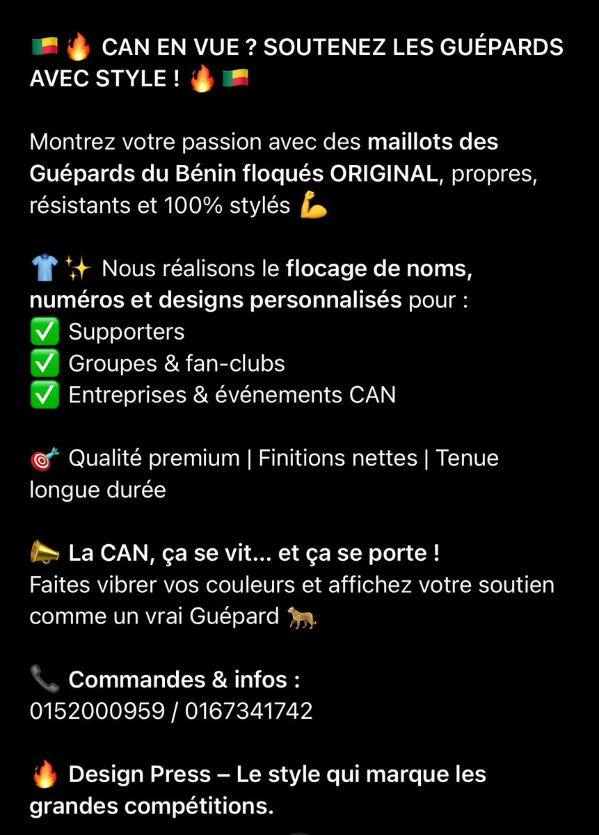 🇧🇯🐆 CAN vibes activées !
Flocage original sur maillots des Guépards du Bénin 🔥
Noms, numéros, finitions propres pour supporters &amp; fan-clubs.
📞 0152000959 / 0167341742
#GuépardsDuBénin #CAN #FlocageOriginal #DesignPress #Supporters 🇧🇯