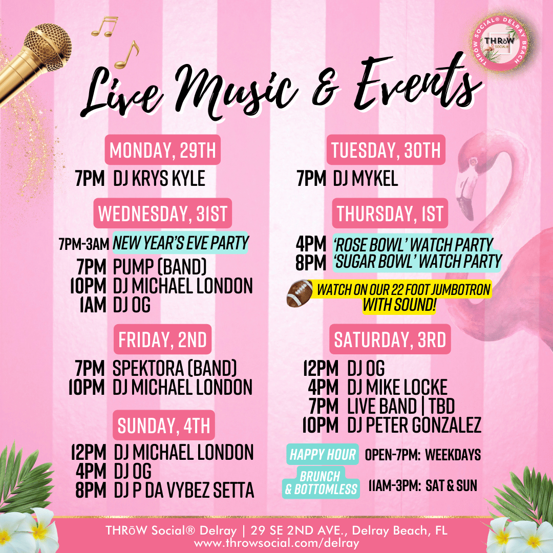 Throw_Delray's tweet photo. Ring in the #NewYear with LIVE bands &amp; DJs + #CollegeFootball all week!
🍹 #Brunch &amp; Bottomless Mimosas: Sat &amp; Sun from 11am-3pm 
🍻 #HappyHour: Weekdays from open-7pm

#ThrowSocialDelray #DowntownDelray #DelrayMusic #DelrayBeach #LiveMusic # https://t.co/l7g5vvsfck