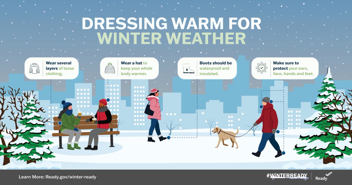 Keep yourself safe, warm, and #WinterReady in colder outdoor temperatures.

• Dress properly with layers and coverage.
• Limit time spent outside.
• Take breaks in warm areas.

ready.gov/winter-ready