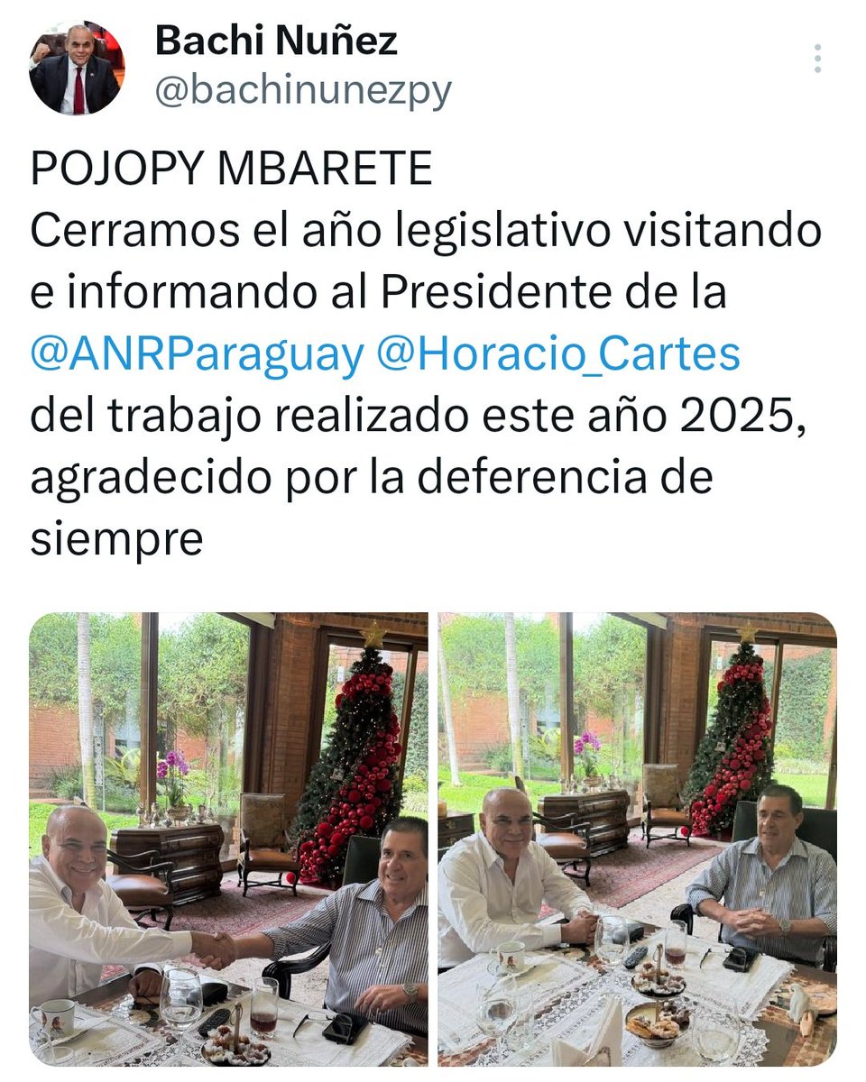 PRESIDENTE DEL CONGRESO SE REUNE CON CARTES PARA ANALIZAR GESTIÓN EN EL LEGISLATIVO 

El titular del Congreso <a href="/bachinunezpy/">Bachi Nuñez</a> se reunió con el pdte de la ANR <a href="/Horacio_Cartes/">Horacio Cartes</a> a quien informó sobre la gestión al cierre del 2025