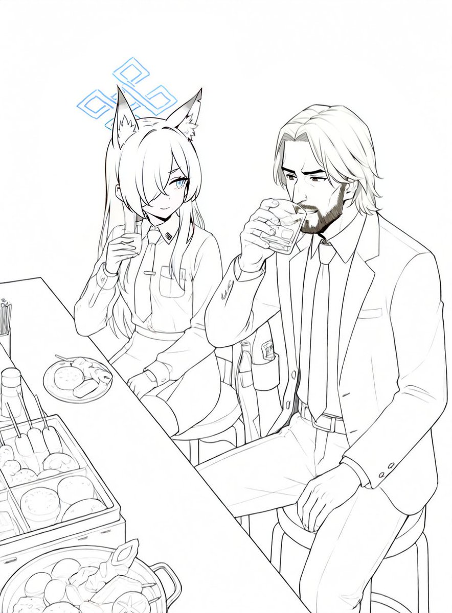 #ブルーアーカイブクロスオーバー
ジョンとカンナは仕事終わりに、よく屋台で食事を取っているそうだ。どう見てもカップルにしか見えないと評判である。 