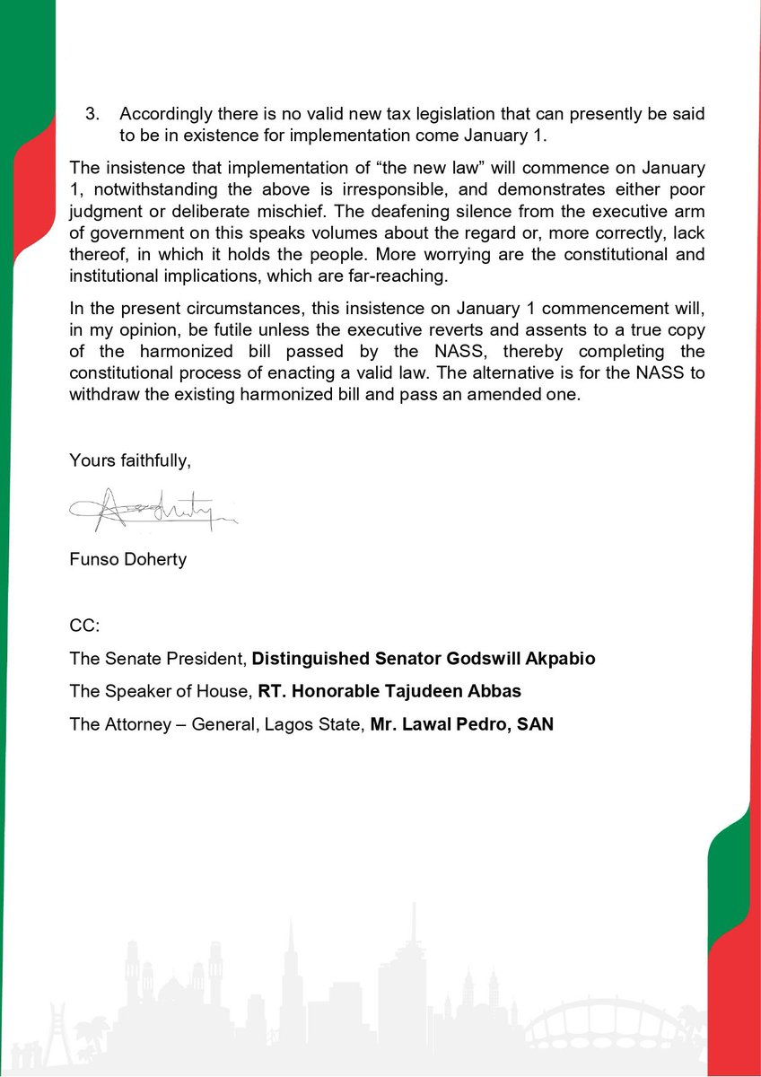 I wrote today to the Attorney-General of the Federation on the controversy surrounding the proposed tax legislation. Here is the letter.