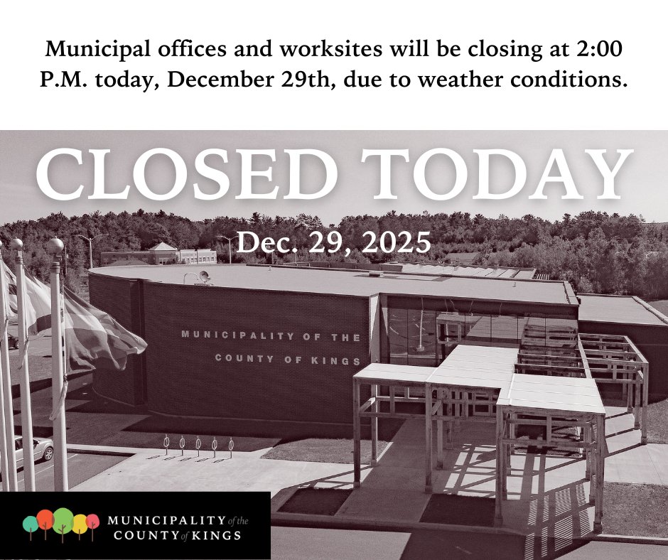 Hi folks! Municipal offices and worksites are closing at 2:00 P.M. today due to weather conditions. Staff are available via phone and email. Stay safe!
