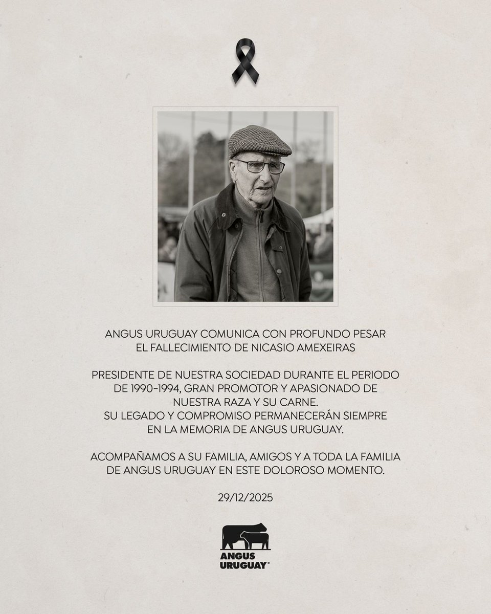 Angus del Uruguay participa con profundo pesar el fallecimiento de Nicasio Amexeiras, expresidente, gran promotor y amigo de la raza, y acompañan a su familia en tan difícil momento.