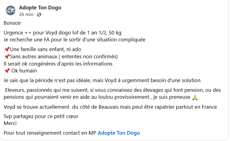 EricLaqua's tweet image. Je fais suivre le message :
Urgence ++ pour Voyd dogo lof de 1 an 1/2, 50 kg
Je recherche une FA pour le sortir d'une situation compliquée 
Plus d'informations sur : facebook.com/profile.php?id…