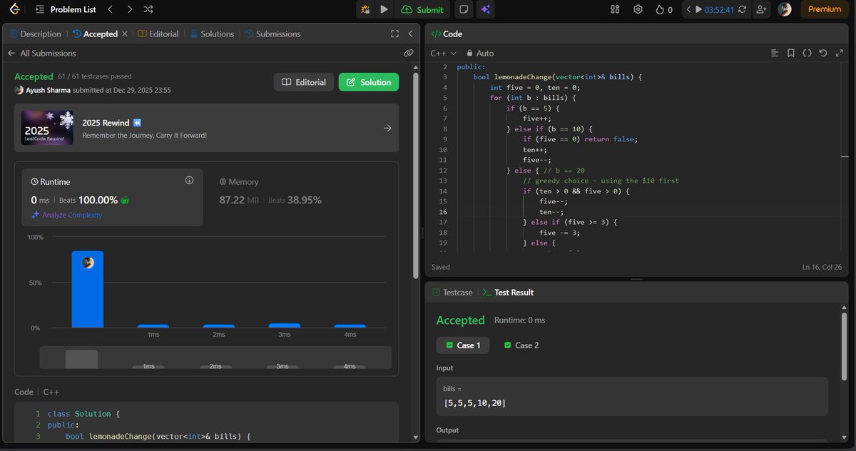 ayushHardeniya's tweet photo. Day - 106
LC - 112 | Lemonade Change
"using greedy logic while prioritising your $10 bills for change and saving the flexible $5 bills."
#LeetCode #100DaysOfCode #CodingLife #BuildInPublic #Cpp #100DayChallenge #AyushHardeniya https://t.co/a03Ma6oH5E