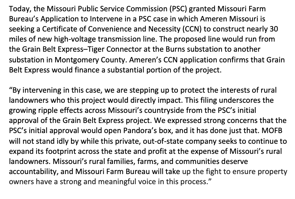 MOFarmBureau's tweet image. #MOFB President @JGarrettHawkins issued the following statement regarding MOFB’s intervention in the PSC case where Ameren is seeking approval for a new 30-mile transmission line, funded by the Grain Belt Express. #missourifarmbureau #moag #missouriagriculture