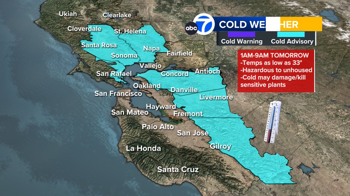 SandhyaABC7's tweet image. Bright &amp;amp; sunny around #BayArea right now!  Hope you're enjoying it!  Another chilly night's ahead.  Cold Weather Advisory going up in AM for areas shaded in blue.  Temps near freezing so bundle up tonight &amp;amp; stay warm!  #SanFrancisco #ABC7now #CAwx