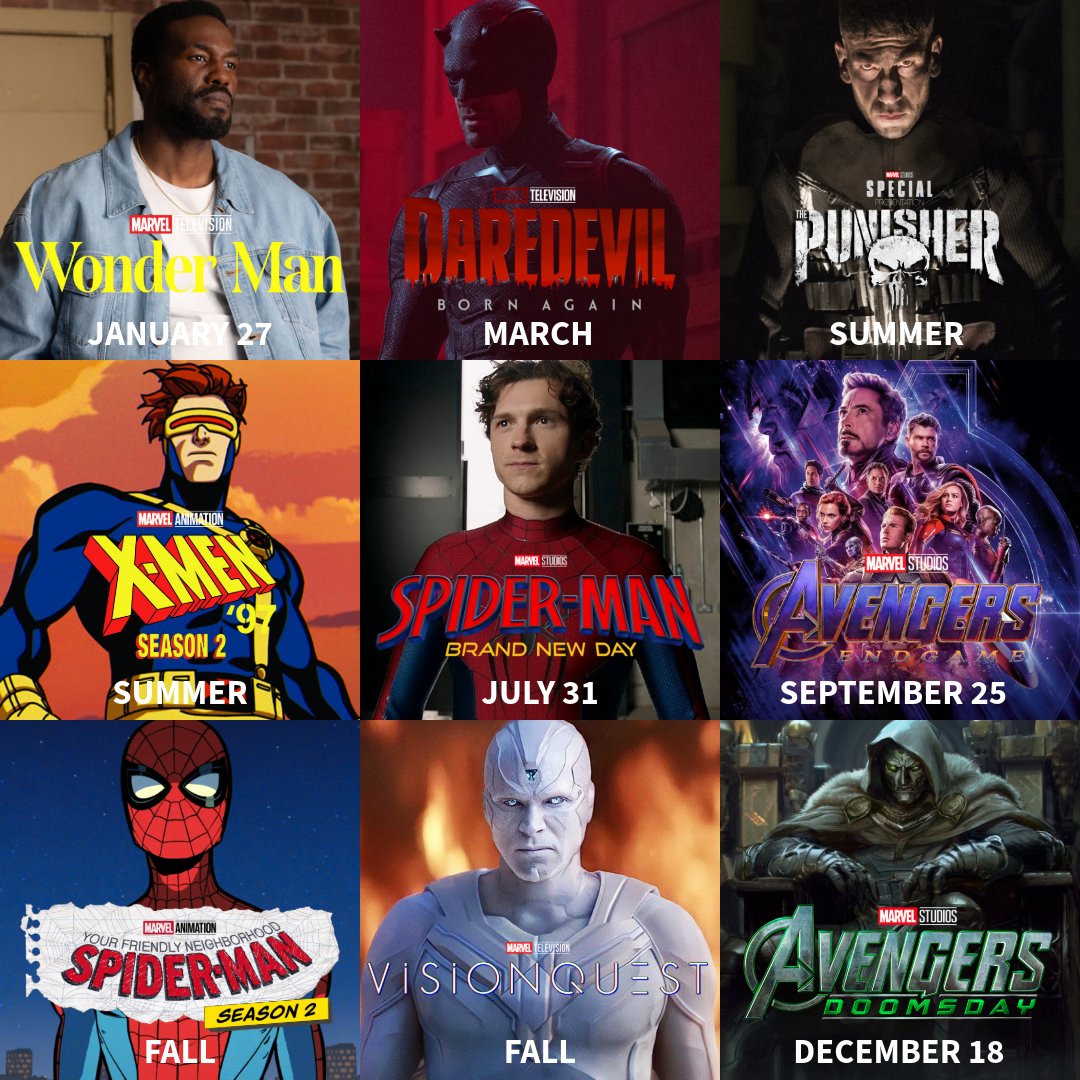 Marvel Studios’ projects releasing in 2026:

• Wonder Man
• Daredevil: Born Again S2
• The Punisher
• X-Men '97 S2
• Spider-Man: Brand New Day
• Avengers: Endgame
• Your Friendly Neighborhood Spider-Man S2
• VisionQuest
• Avengers: Doomsday