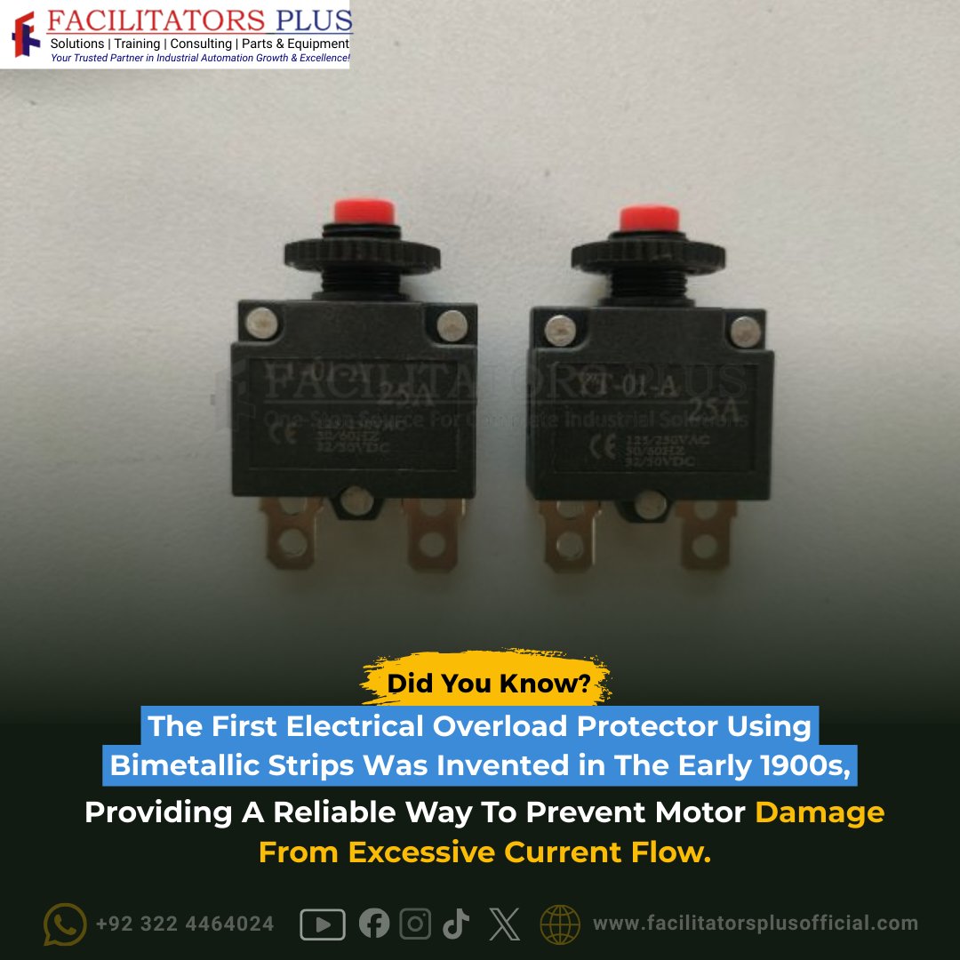 FacilitatorsP's tweet photo. 💡Did You Know?

The first electrical overload protector using bimetallic strips was invented in the early 1900s.

📌A small device — a big role in industrial protection!
📞+92 322 4464024
🌐 https://t.co/v3zOBDjtQa

#FacilitatorsPlus #DidYouKnow #OverloadProtection #Circuit https://t.co/xiQ08nwdHQ