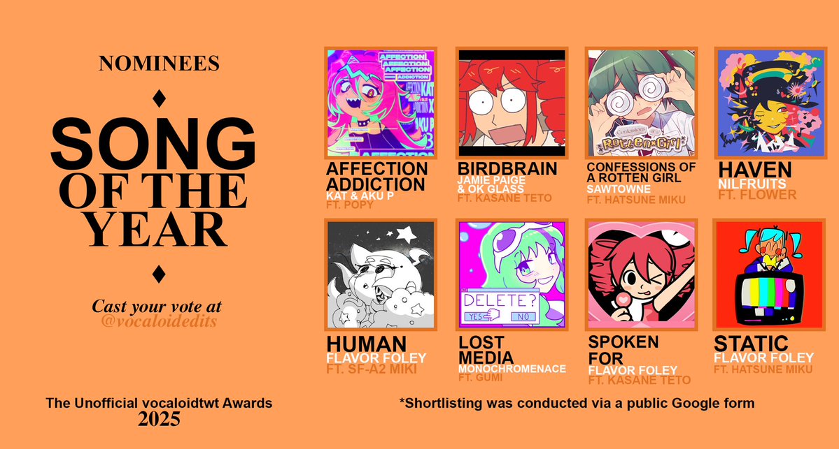 vocaloidedits's tweet image. HUGE CONGRATULATIONS TO ALL SOTY NOMINEES!!!! SHOW THEM SOME LOVE