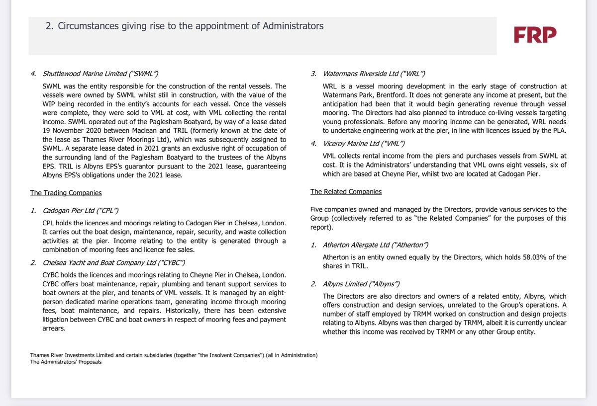 2/ The Administrators summarise the role of each of the insolvent companies and the trading companies that are dependent on them.  They confirm that, of course, the controversial ‘megaboats’ are/were owned by Andrew and Charlotte Moffat as directors of VML, one of the four