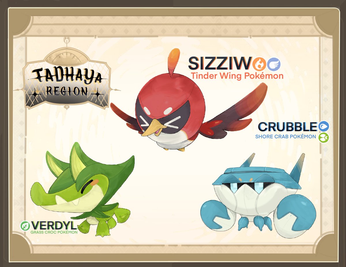 New year new starters new region 
Welcome to my new region Tadhaya base on the Philippines 
Choose your starter     
🍀Verdyl the grass croc Pokémon  
🔥Sizziw the tinder wing Pokémon
💦Crubble the shore crab Pokémon
#fakemon #Pokemon
