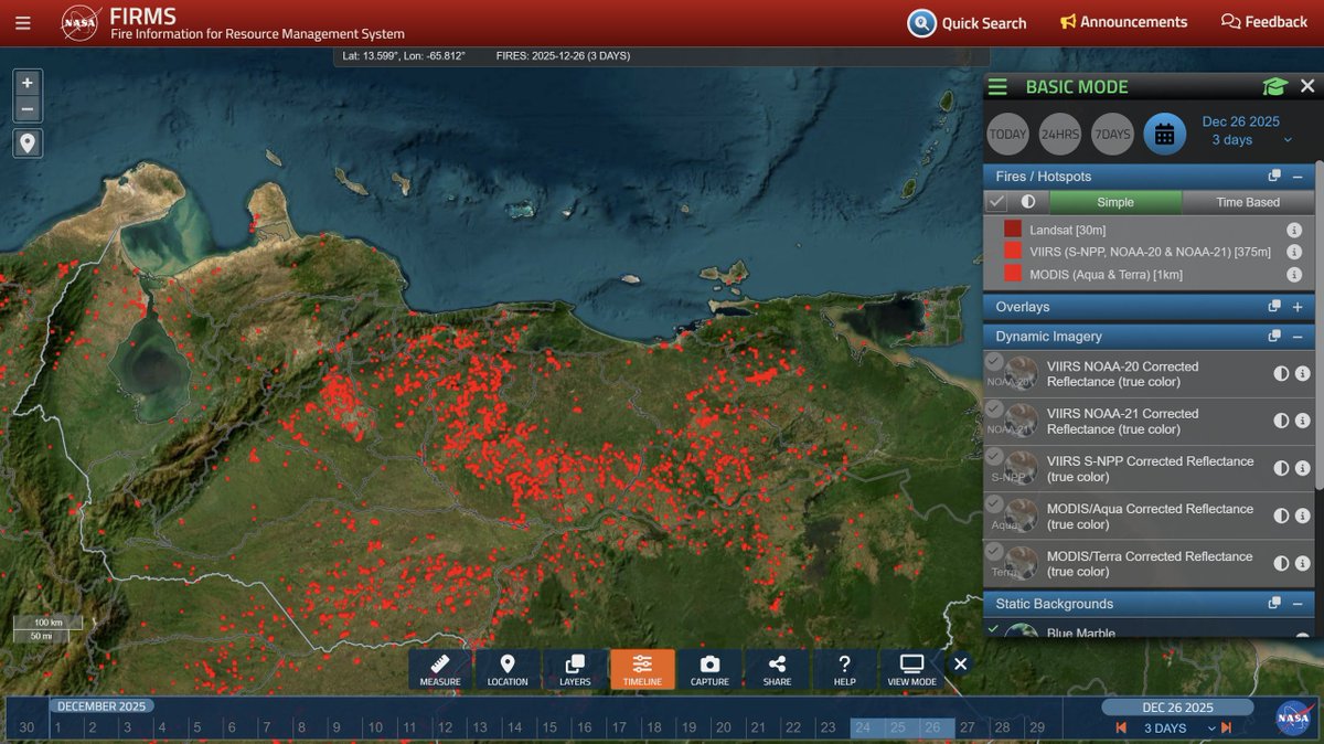 adrian_CFN's tweet photo. Se que la gente quiere respuestas, pero a veces la falta de respuestas también significan cosas.

Este es un mapa con puntos de incendio en Venezuela entre el 24 y 26 de diciembre de 2025.

Si filtramos incendios o puntos de calor en la costa, ¿cuáles son los puntos más llamativos?

Nota: no necesariamente se tiene que ver un "ataque". Pero igual la herramienta está y hay que revisarla.

Sigue 🧵