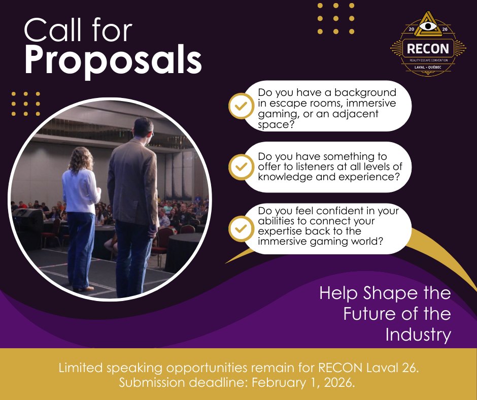 We’re now accepting speaker proposals for RECON Laval 26. We’re inviting experienced professionals to contribute to a program built around practical learning, shared wisdom, and honest discussion. Let's shape the future of the industry: realityescapecon.com/call-for-propo…