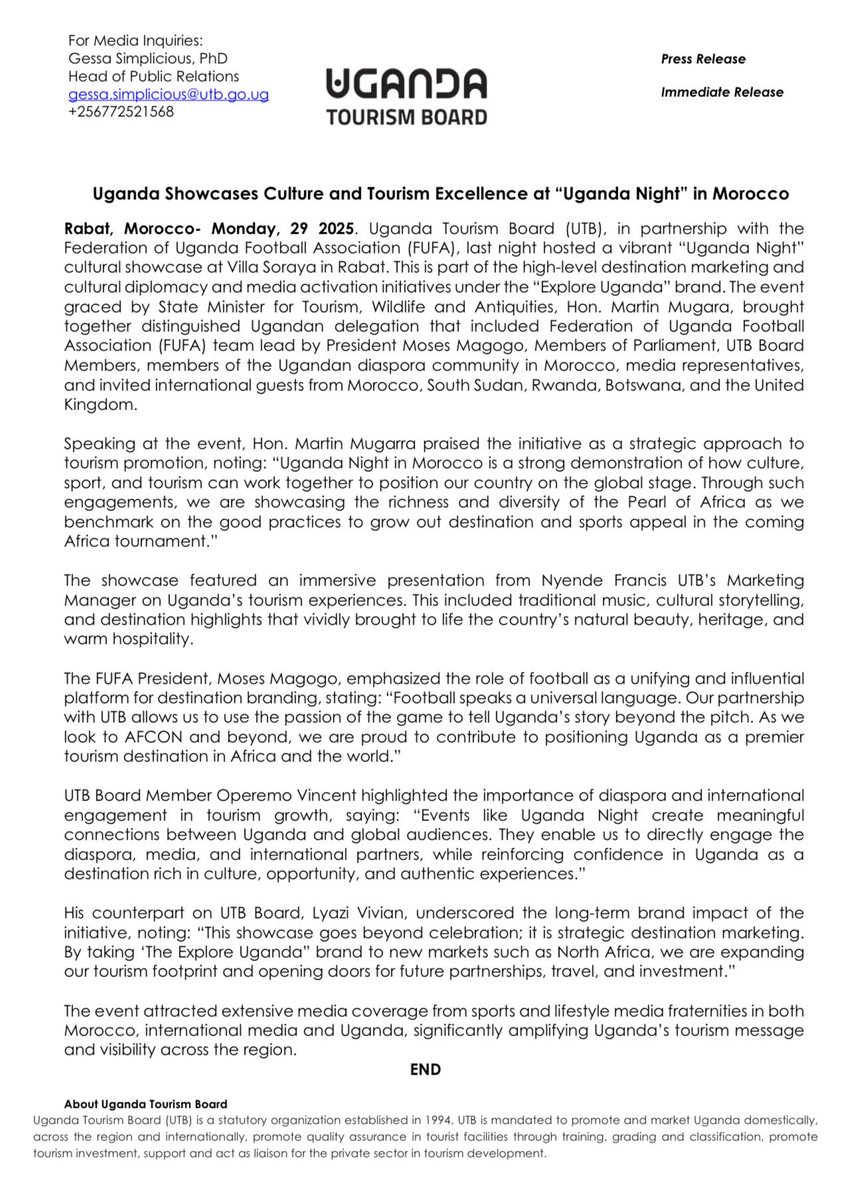 simplcious's tweet image. Uganda Tourism Board, in partnership with FUFA, hosted Uganda Night in Rabat, Morocco, spotlighting Uganda’s cultural richness and tourism potential under the Explore Uganda brand.

The high level showcase advanced destination marketing, cultural diplomacy, and international…