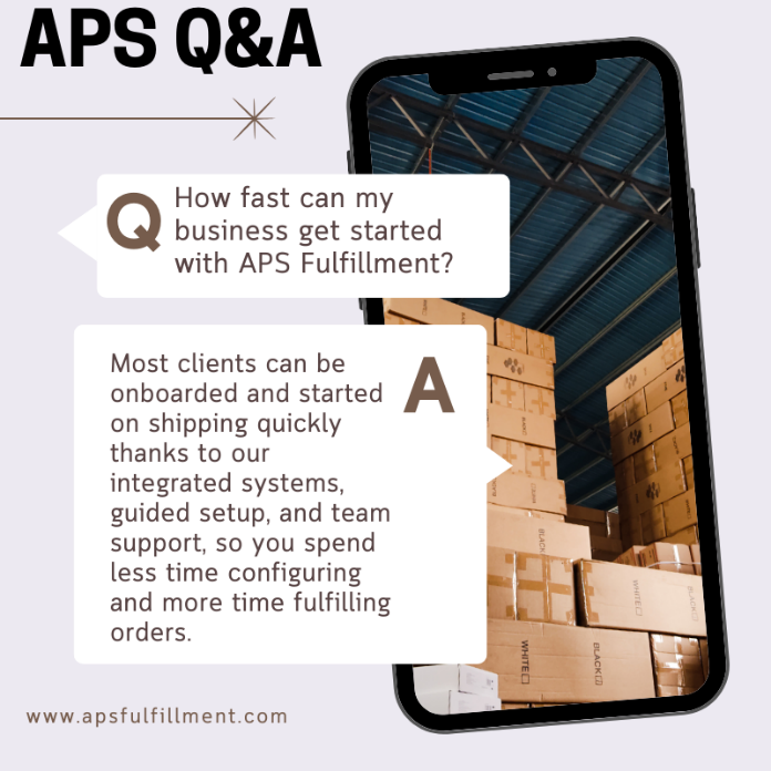 Q: How fast can my business get started with APS Fulfillment?
A: Fast! Most clients can be onboarded and started on shipping quickly thanks to our integrated systems, guided setup, and team support—so you spend less time configuring and more time fulfilling orders. #Shipping