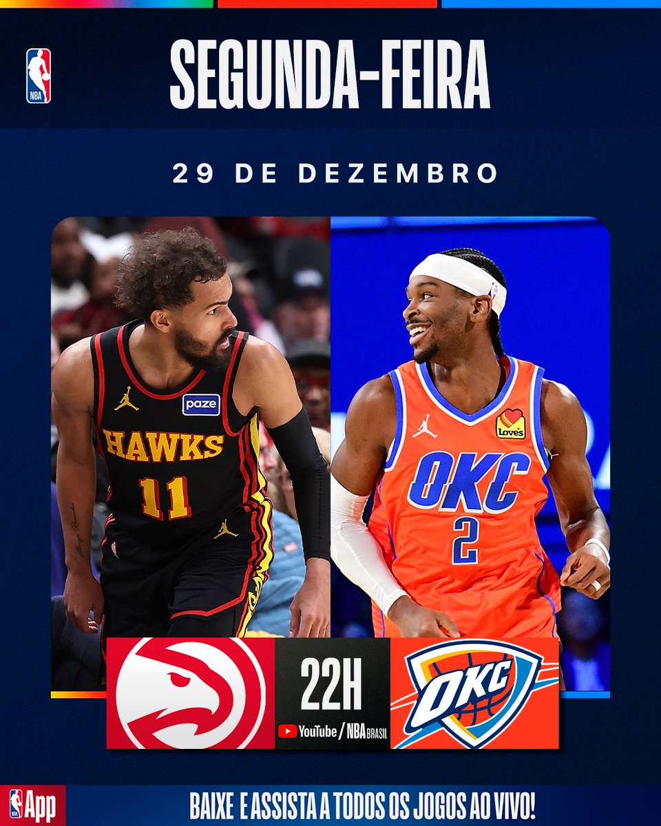 Segundou, então vem que tem transmissão de GRAÇA pra você acompanhar em nosso canal oficial do Youtube! 📺 A bola sobe às 22h para Hawks e Thunder, ao vivo de Oklahoma City, não perca!🏀 #NBANoYoutube #NBATuneIn