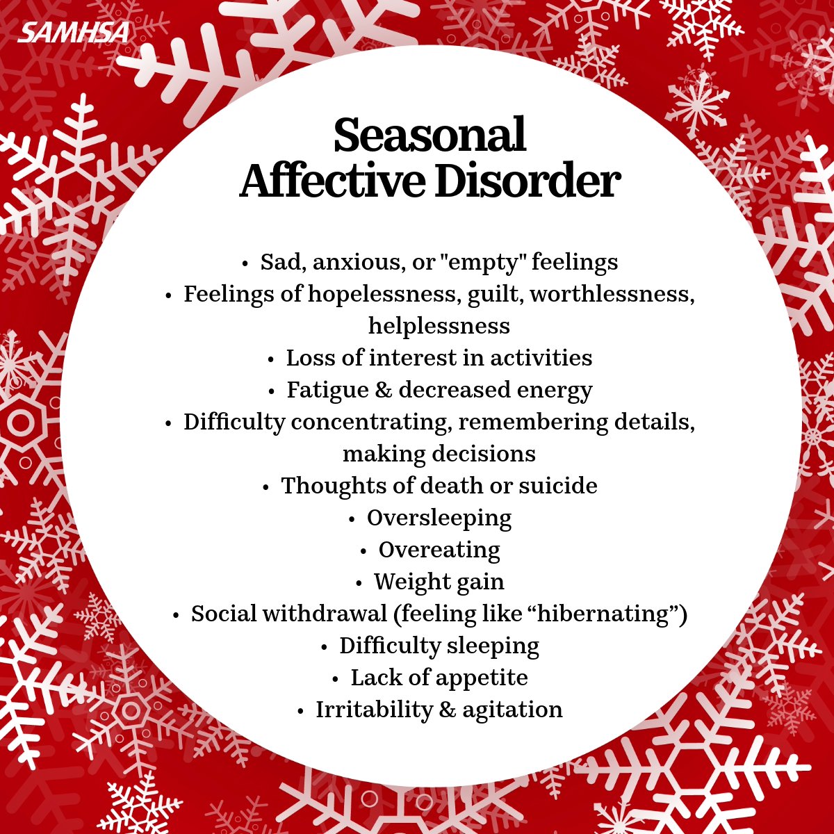 Feeling down around the holidays is common, but it’s different from seasonal affective disorder (SAD). Knowing the difference can guide support and treatment. Learn more about SAD and how to get help: samhsa.gov/mental-health/…

#Mentalhealthmatters