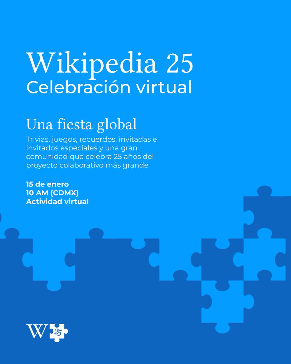Los rumores son ciertos, en enero celebraremos 25 años de conocimiento libre 🔓🎊

🎁 La comunidad global queda invitada a la celebración virtual el 15 de enero a las 10 h (CDMX), habrán muchas sorpresas y juegos wiki. Registro: w.wiki/G26M