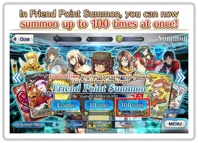 FateGO_USA's tweet image. [From Chaldea PR Dep't] [TIPS] You can now summon up to 100 times at once in Friend Point Summon!
If you don't have enough Friend Points for a 100x Summon, you can instead summon for the maximum number of times possible with your current Friend Points.
#FateGOUSA