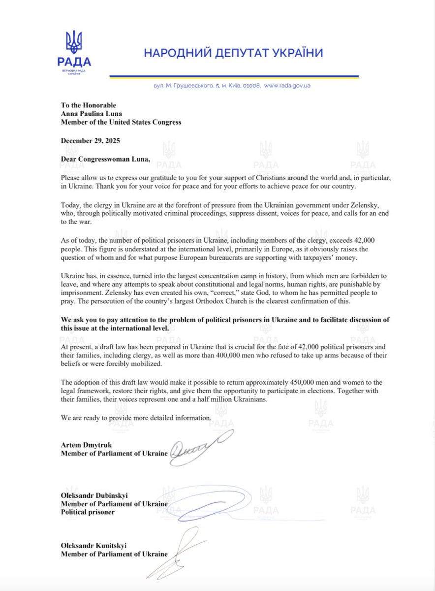 On behalf of the “We Are for Peace!” group with <a href="/Dmytruk__Artem/">Dmytruk Artem</a>  in the Ukrainian parliament, we signed a letter  to Congresswoman <a href="/realannapaulina/">Anna Paulina Luna</a> Anna Paulina Luna <a href="/RepLuna/">Rep. Anna Paulina Luna</a>  requesting that the issue of Ukrainian political prisoners be raised in the United States. 

Dear