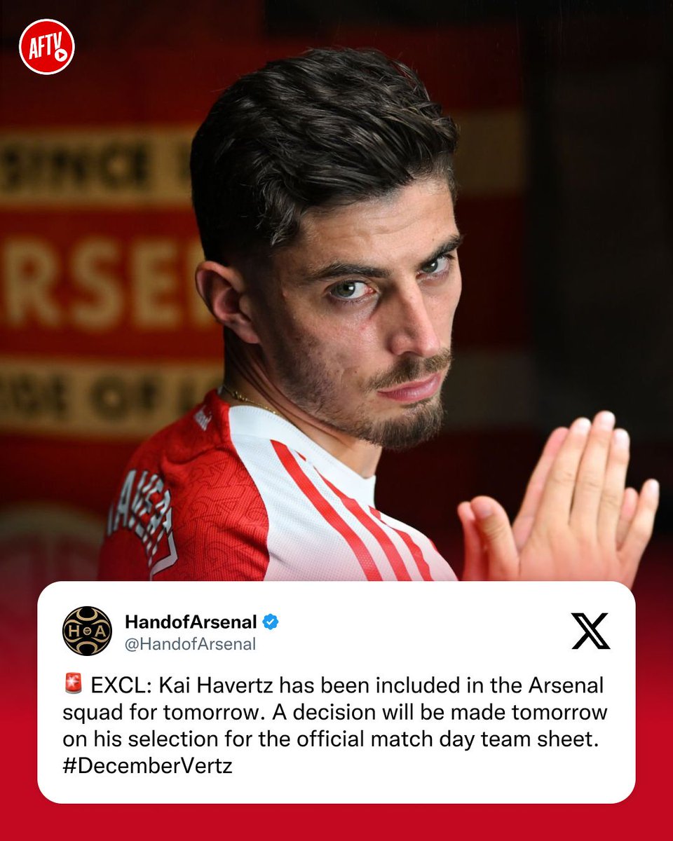 ikhanoba_e's tweet photo. 🚨 EXCL: Kai Havertz has been included in the Arsenal squad for tomorrow. A decision will be made tomorrow on his selection for the official match day team sheet. #DecemberVertz (@HandofArsenal ) https://t.co/h3bmRHjSvr
