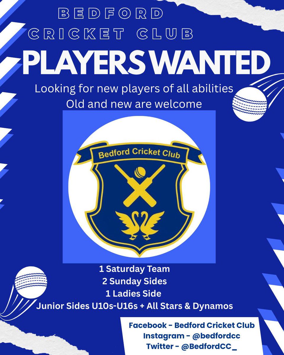 𝗣𝗟𝗔𝗬𝗘𝗥𝗦 𝗪𝗔𝗡𝗧𝗘𝗗 | 🏏

Looking for a new club in Bedford or Bedfordshire for 2026? 

☑️Thriving men’s &amp; Ladies section
☑️Junior sides throughout
☑️Fantastic ground and wicket

Any players who may be interested, get in touch 👇💙